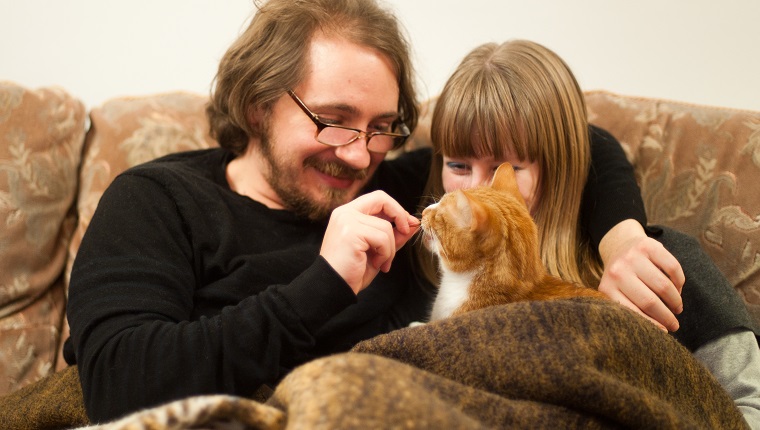 Una pareja joven, un hombre moreno con gafas y una mujer rubia, sentados en un sofá abrazándose y dando golosinas a su mascota gato jengibre.